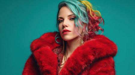 A model showcases a striking look with vibrant hair styled in curls and a luxurious red fur coat. The backdrop is bright blue enhancing the bold colors and fashion.の素材