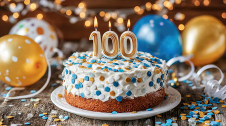 A beautifully decorated cake topped with three candles that read 100 is the centerpiece of a joyful birthday celebration.の素材