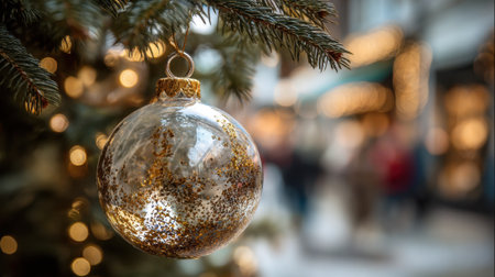 A beautifully decorated ornament with gold glitter hangs from a Christmas tree branch. Blurred shoppers and lights create a warm festive atmosphere in the background.の素材