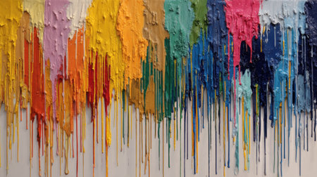 A colorful drip painting features bold hues flowing down the canvas creating a dynamic visual experience. The artwork blends various shades expressing creativity and emotion.の素材