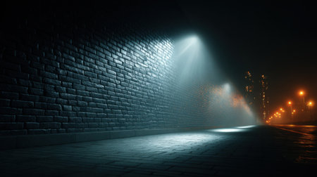A dimly lit alley showcases a textured brick wall under soft glow from streetlights. This quiet urban setting evokes a sense of intrigue during nighttime.の素材
