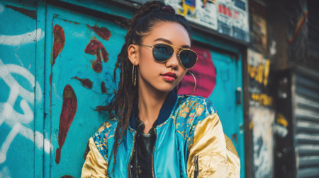 A young woman stands confidently in trendy sunglasses near a vibrant graffiti wall. Her stylish bomber jacket reflects urban fashion showcasing a modern look in a lively setting.の素材