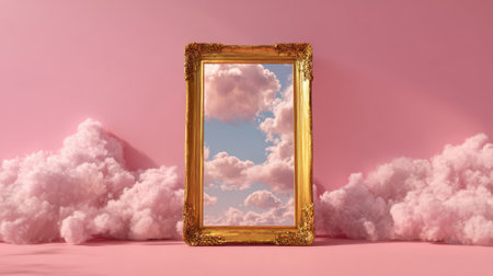 A beautifully designed golden mirror stands against a soft pink backdrop. It reflects fluffy clouds under a bright sky blending art with nature in a whimsical scene.の素材