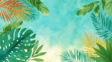 Bright tropical leaves in various shades of green orange and yellow create a lively frame around a clear blue sky evoking a sense of nature and warmth.の素材