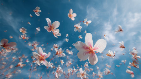 Delicate cherry blossoms float gently through a clear blue sky creating a vibrant scene. The flowers with pink and white petals are seen in full bloom amidst a serene atmosphere.の素材