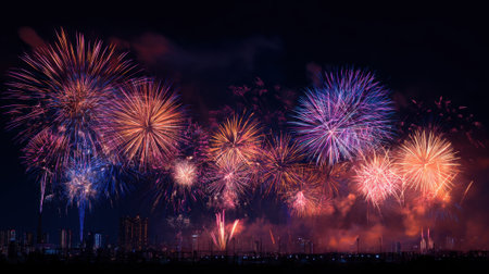 Bright fireworks explode in various colors above a bustling city skyline. The night sky is filled with vibrant bursts of light creating a joyful atmosphere during a festive event.の素材