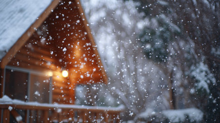 Soft snowflakes drift down in a serene winter scene surrounding a warm inviting cabin with lights glowing softly. The atmosphere feels calm and tranquil.の素材