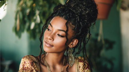 A young woman poses gracefully with her hair styled up while wearing ornate earrings and a colorful dress. The background features lush greenery creating a warm atmosphere.の素材