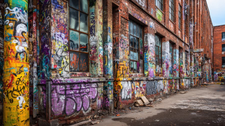 Vibrant graffiti art fills the walls of an old warehouse showing a mix of colors and styles. The surrounding area is gritty highlighting urban decay and creativity.の素材