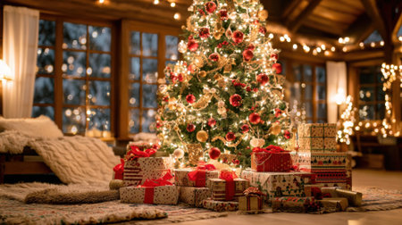 A beautifully decorated Christmas tree filled with lights and ornaments stands in a cozy cabin. Colorful presents are stacked beneath the tree creating a festive atmosphere on a winter day.の素材