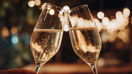 Two sparkling glasses are raised in a toast surrounded by warm glowing lights. The scene captures the joy of celebration during a lively evening event.の素材