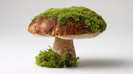 A large mushroom is covered in bright green moss creating a beautiful contrast against its earthy tones. This natural scene highlights the textures and colors of fungi and plant life.の素材