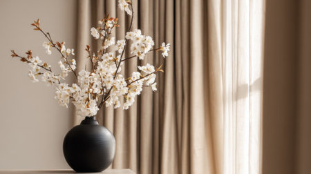A beautiful vase holds delicate white flowers displayed on a wooden table in a cozy living room. Soft sunlight streams through light flowing curtains creating a serene ambience.の素材