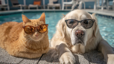 A fluffy orange cat and a friendly golden retriever are lounging by a pool. Both are wearing stylish sunglasses enjoying the sunny weather together.の素材