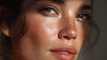 Soft sunlight bathes a womans face emphasizing her freckles and glowing skin. She gazes slightly to the side creating a serene atmosphere in the cozy room.の素材