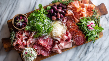 An inviting charcuterie board showcases a variety of cured meats cheeses olives and fresh greens perfect for a social gathering at a dining table.の素材