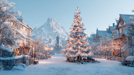 A charming winter village covered in snow showcases a large Christmas tree adorned with lights at its center.の素材