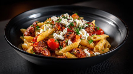 A black bowl of pasta with meat and cheese. The pasta is cooked and the meat is cooked and the cheese is meltedの素材