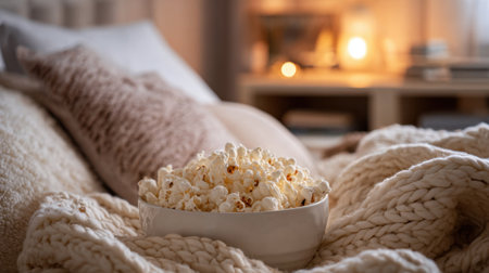 A bowl of popcorn is on a bed with a white blanket. Scene is cozy and relaxingの素材