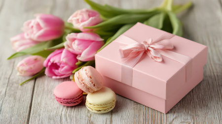A pink box with a ribbon on it and three macarons inside. The box is placed on a wooden table next to a bouquet of pink tulips. Concept of celebration and indulgenceの素材