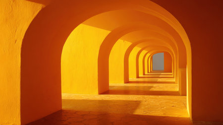 A series of vibrant yellow arches leads through a warm corridor illuminated by sunlight. Soft shadows play on the ground enhancing the inviting atmosphere.の素材