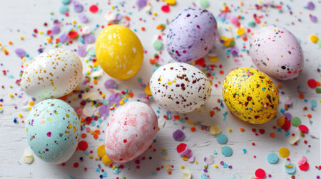 A bunch of colorful eggs with sprinkles on top of a white background. The eggs are of different colors and sizes, and the sprinkles add a festive touch to the scene. Scene is cheerful and celebratoryの素材
