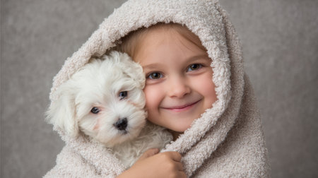 A young girl is hugging a white dog under a blanket. The girl is smiling and the dog is looking up at her. Concept of warmth and affection between the girl and her petの素材