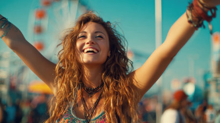 A woman with long red hair is smiling and holding her arms out in the air. She is wearing a colorful outfit and has a necklace around her neck. Concept of joy and freedomの素材