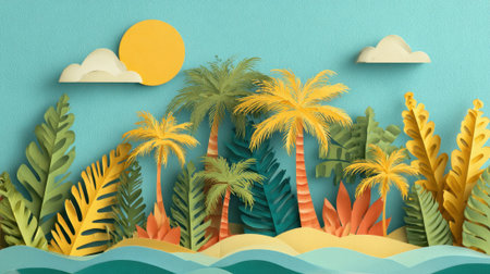 A paper drawing of a tropical forest with palm trees and a sun in the sky. Scene is peaceful and relaxing, as it evokes the feeling of being in a warm, sunny beach settingの素材