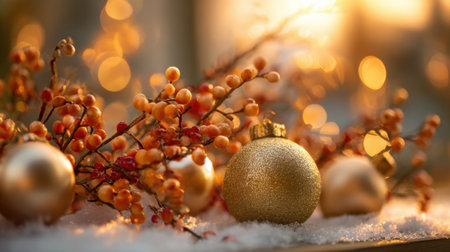 Golden ornaments are placed among red berries on a snowy surface creating a warm and festive atmosphere as the sun sets in the background enhancing the colors.の素材