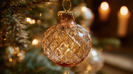 A gold colored ornament hanging from a Christmas tree. The ornament is a small glass ball with a gold trimの素材