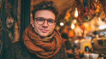A smiling young man with curly hair wears a large scarf inside a warm and inviting cafe. The background shows lights and decorations typical of autumn.の素材