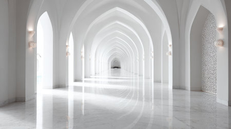 A long corridor features multiple arches and a glossy marble floor reflecting soft light. The design is minimalistic creating a peaceful atmosphere for visitors.の素材