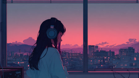A girl with long hair sits by a window wearing headphones gazing at a vibrant sunset. The city skyline is visible creating a serene atmosphere as daylight fades.の素材