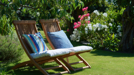 Two wooden lounge chairs are positioned in a lush garden filled with blooming flowers. The sun shines brightly creating a serene outdoor space. Soft pillows add comfort.の素材