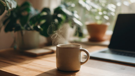 A steaming cup of coffee sits on a wooden table beside a laptop in a sunlit room. Green plants add life to the cozy workspace. Perfect for a relaxed morning.の素材
