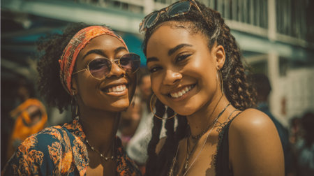 Two young women stand closely enjoying a vibrant outdoor event. Both wear stylish sunglasses and bright outfits highlighting their joyful expressions on a sunny summer day.の素材