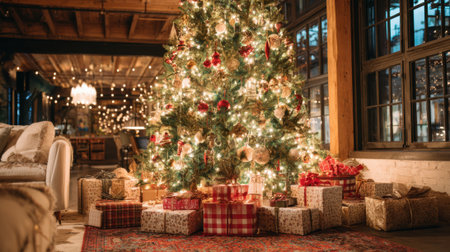 A beautifully decorated Christmas tree stands in a cozy room filled with glowing lights. Gifts are neatly arranged beneath the tree creating a festive atmosphere.の素材