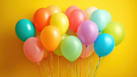 A bunch of colorful balloons are hanging from the ceiling. The balloons are of different colors and sizes, creating a vibrant and lively atmosphere. Concept of celebration and joyの素材