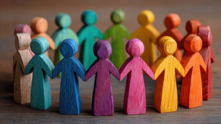 A group of wooden people are holding hands in a circle. The people are of different colors, and the circle is made of wooden blocks. Concept of unity and togethernessの素材
