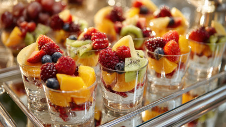 A tray of fruit cups with a variety of fruits including strawberries, blueberries, and oranges. The cups are arranged in a visually appealing manner, making them look like a colorfulの素材