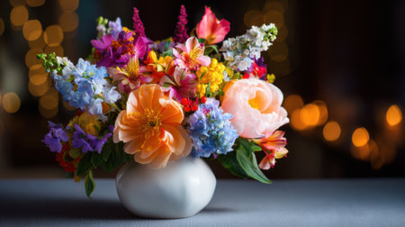 A vase filled with a colorful bouquet of flowers sits on a table. The flowers are a mix of different colors and types, creating a vibrant and lively atmosphere. The vase itself is whiteの素材