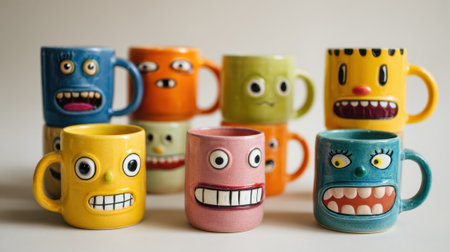 A row of colorful cups with cartoon faces on them. The cups are arranged in a line, with some of them being taller than others. The cups have different expressions, such as smiling, frowningの素材