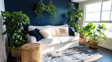 A living room with a white couch and a blue wall. There are several potted plants in the room, including one on the couchの素材