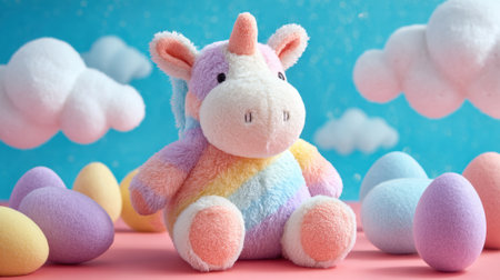 A colorful unicorn is sitting on a pink background with a bunch of eggs scattered around it. The scene has a playful and whimsical mood, with the unicorn being the main focusの素材
