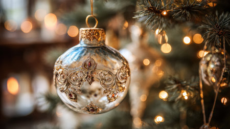 A Christmas tree with a silver ornament hanging from it. The ornament is decorated with gold and red beadsの素材