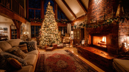 A cozy living room with a large Christmas tree in the center. The room is decorated with Christmas lights and a fireplaceの素材