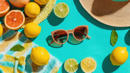 A pair of sunglasses is on a table with a bunch of lemons and oranges. The table is blue and the lemons and oranges are yellowの素材