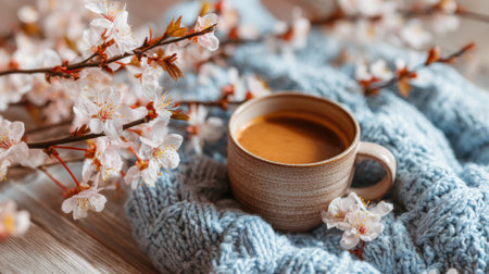 A cup of coffee is sitting on a blue blanket next to a bunch of pink flowers. Concept of warmth and relaxation, as the cup of coffee and the blanket provide a cozy atmosphereの素材