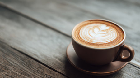A cup of coffee with a heart design on top sits on a wooden table. The coffee is hot and steaming, and the heart design adds a touch of elegance to the scene. The wooden table provides a warmの素材